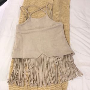 Faux Nude Suede JOA Fringe Halter Top